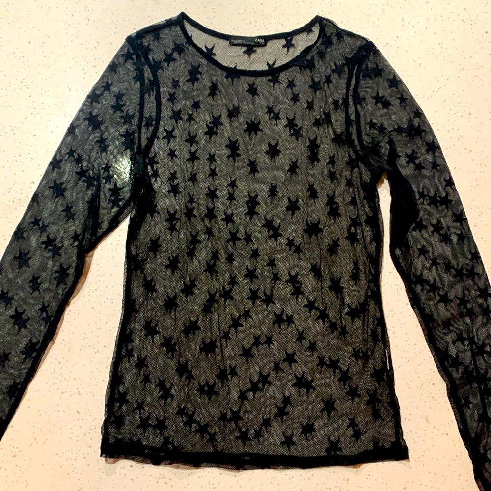 Zara Sheer Mesh Star Print Long Sleeve Top